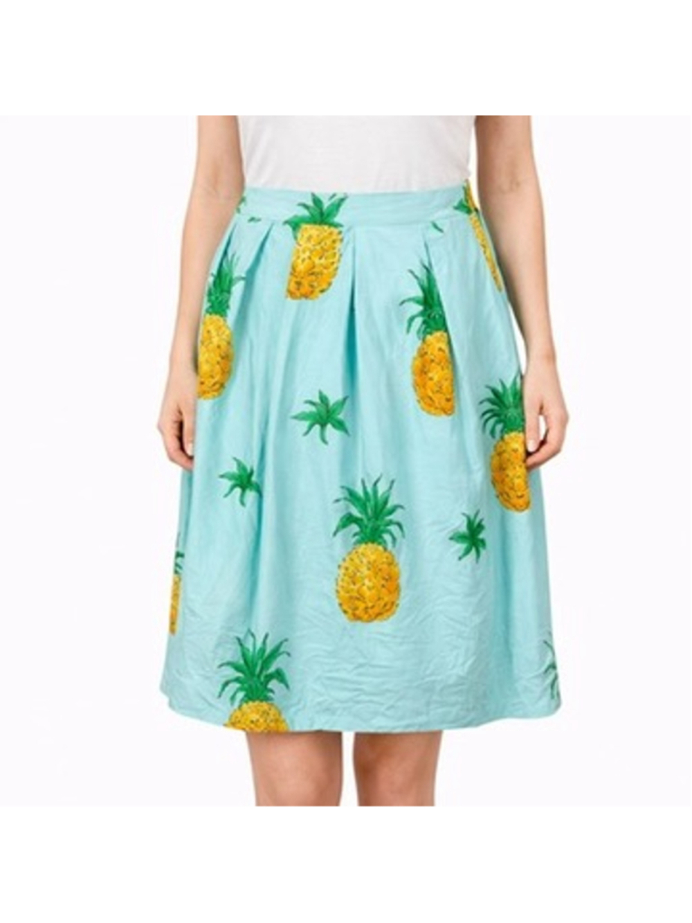 Talbots RSVP Blue Pleated Skirt Pockets Midi Pineapple Tropical Beachy Size 12